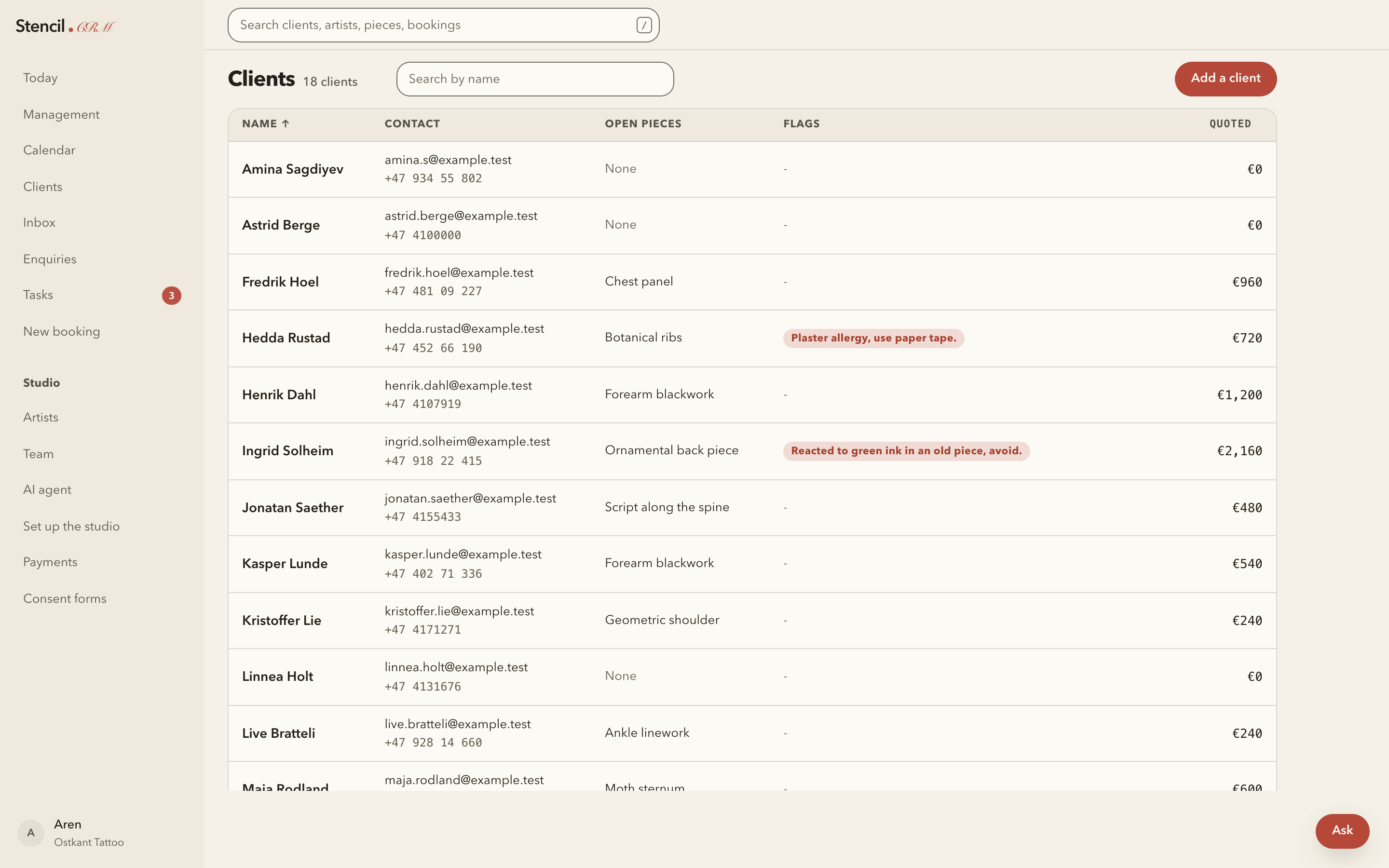 The Stencil clients list, showing client records for the example studio.