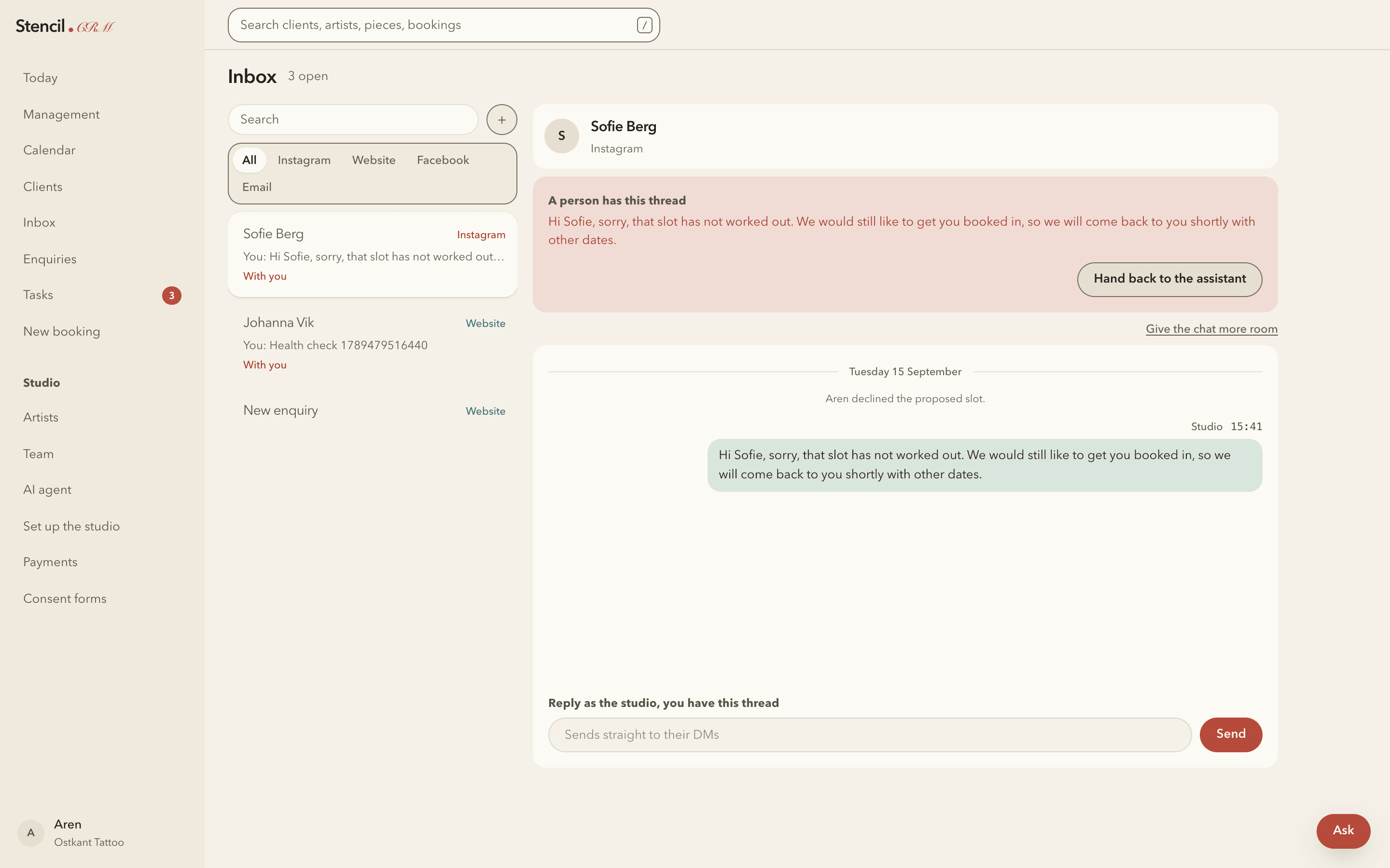 The Stencil inbox: Instagram, website and email threads on the left, an open conversation on the right with a banner reading that a person has taken the thread.